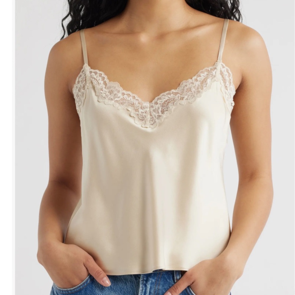 Reformation Teddy Lace Trim Silk Crop Camisole, SIZE MEDIUM